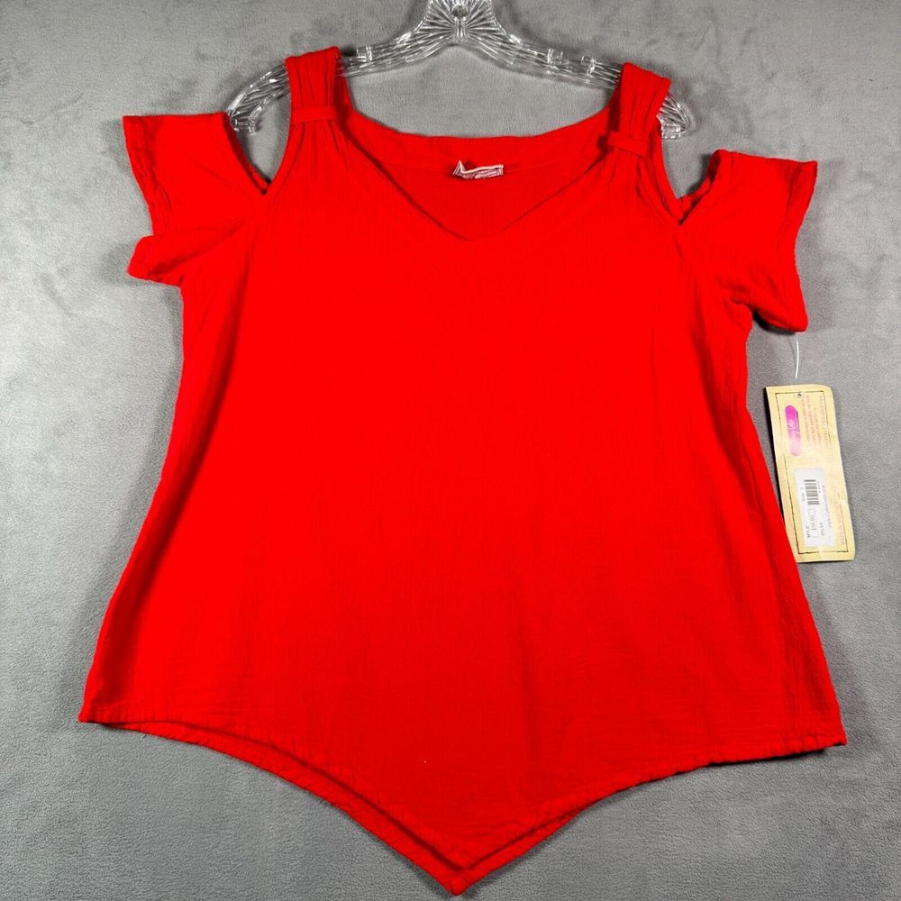 Cottonways Womens Top 1X‎ Red Gauze Cold Shoulder Asymmetric Hem Boho Beach NEW